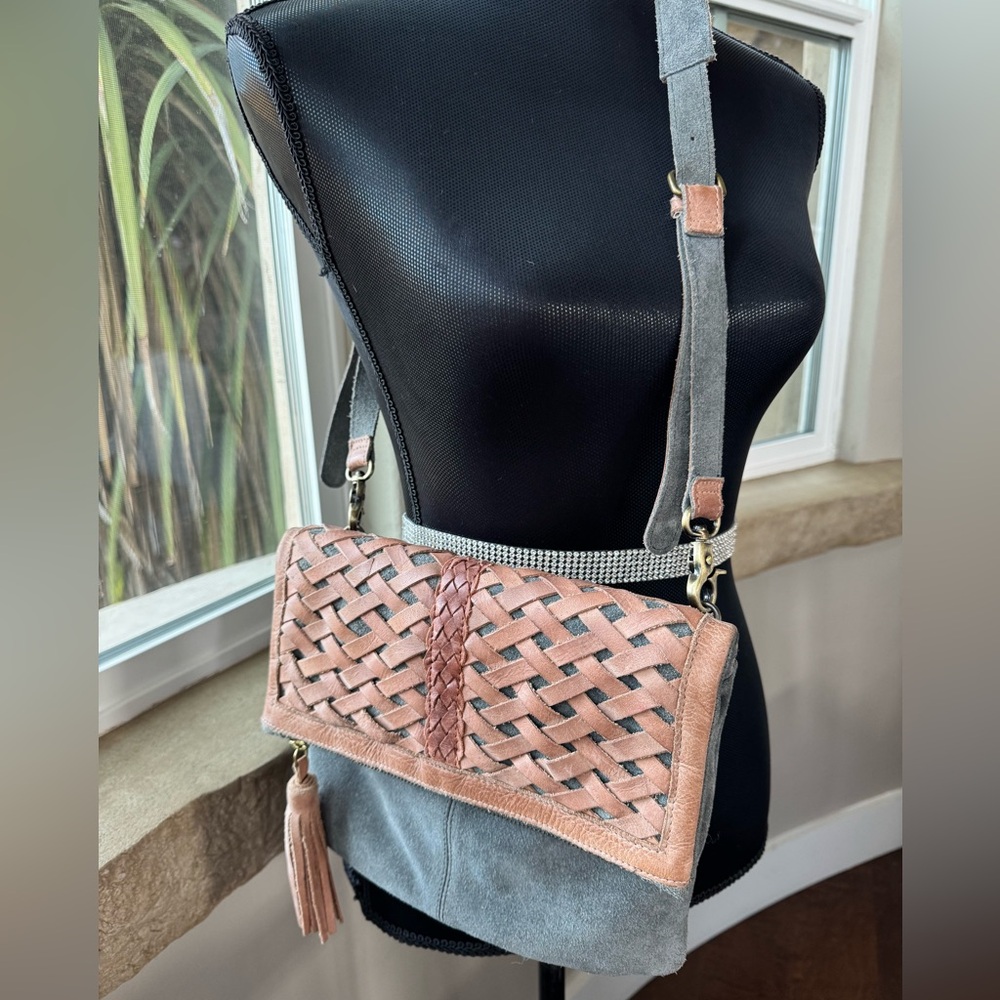 Anabaglish Woven Suede Leather Brown & Gray Crossbody Bag/Purse